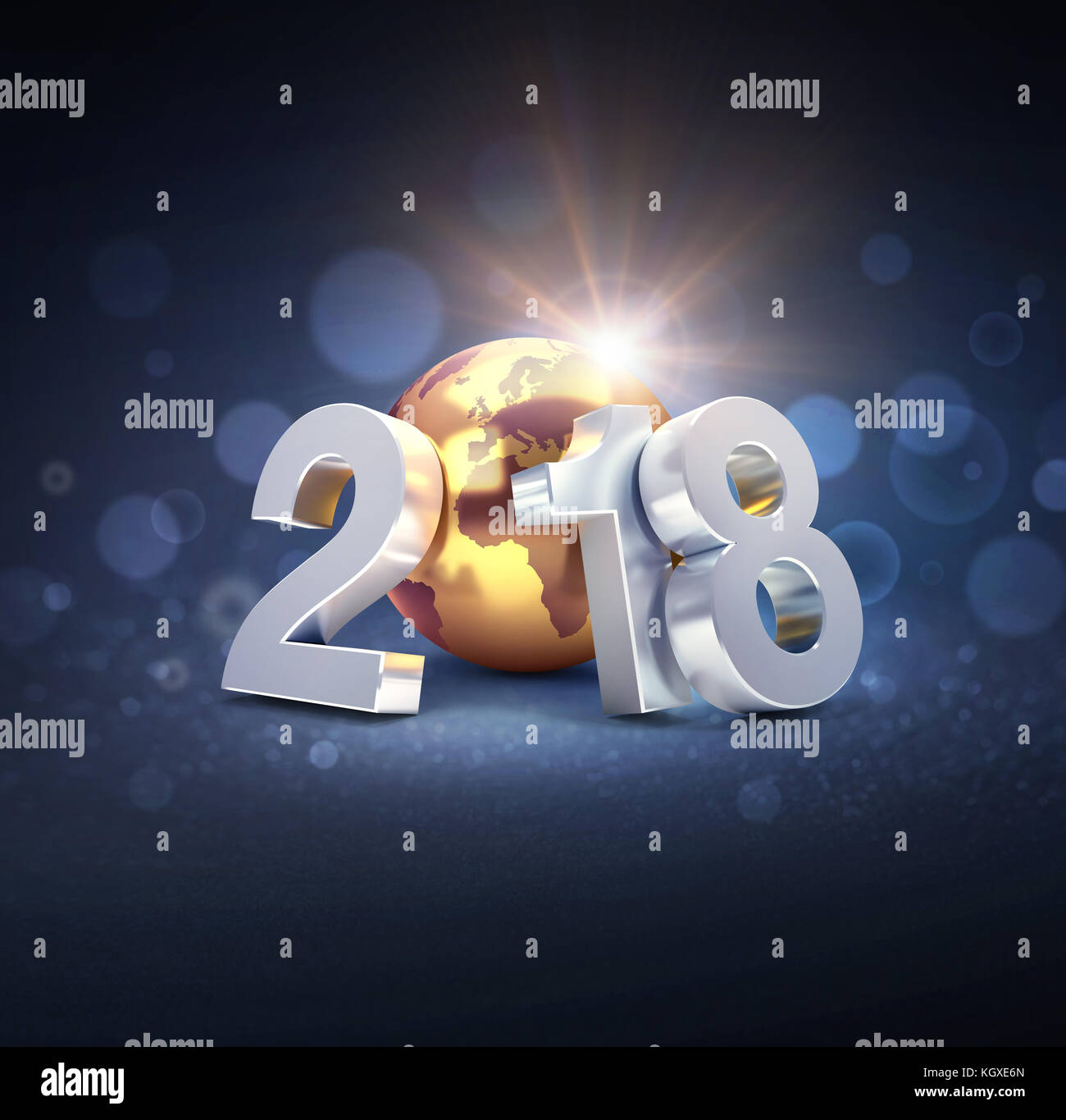 Silver Nuova data dell'anno 2018 composta con il composto con un oro il pianeta terra, su un defocalizzata sfondo nero - 3d illustrazione Foto Stock