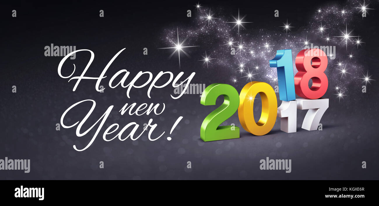 Data colorati 2018 sopra 2017 e felice anno nuovo saluti, su una festosa sfondo nero con brillantini e stelle - 3d illustrazione Foto Stock