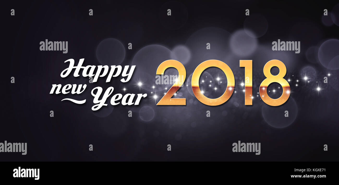 Felice anno nuovo saluti e la data 2018, color oro, su una festosa sfondo nero Foto Stock
