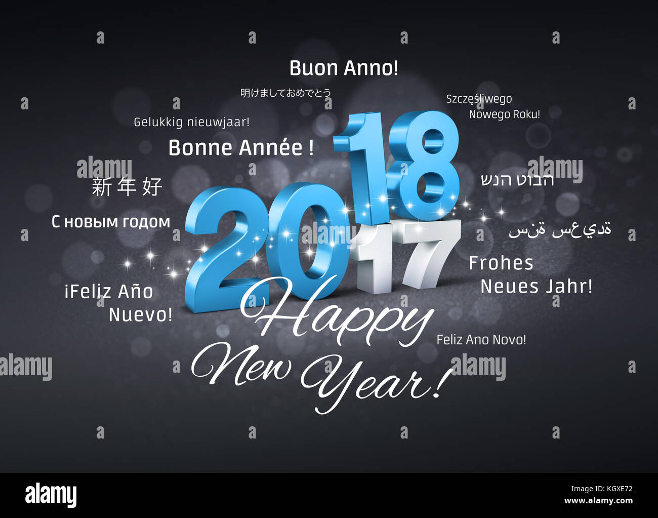 Data blu 2018 sopra 2017 e felice anno nuovo i messaggi di saluto in più lingue su una festosa sfondo nero - 3d illustrazione Foto Stock