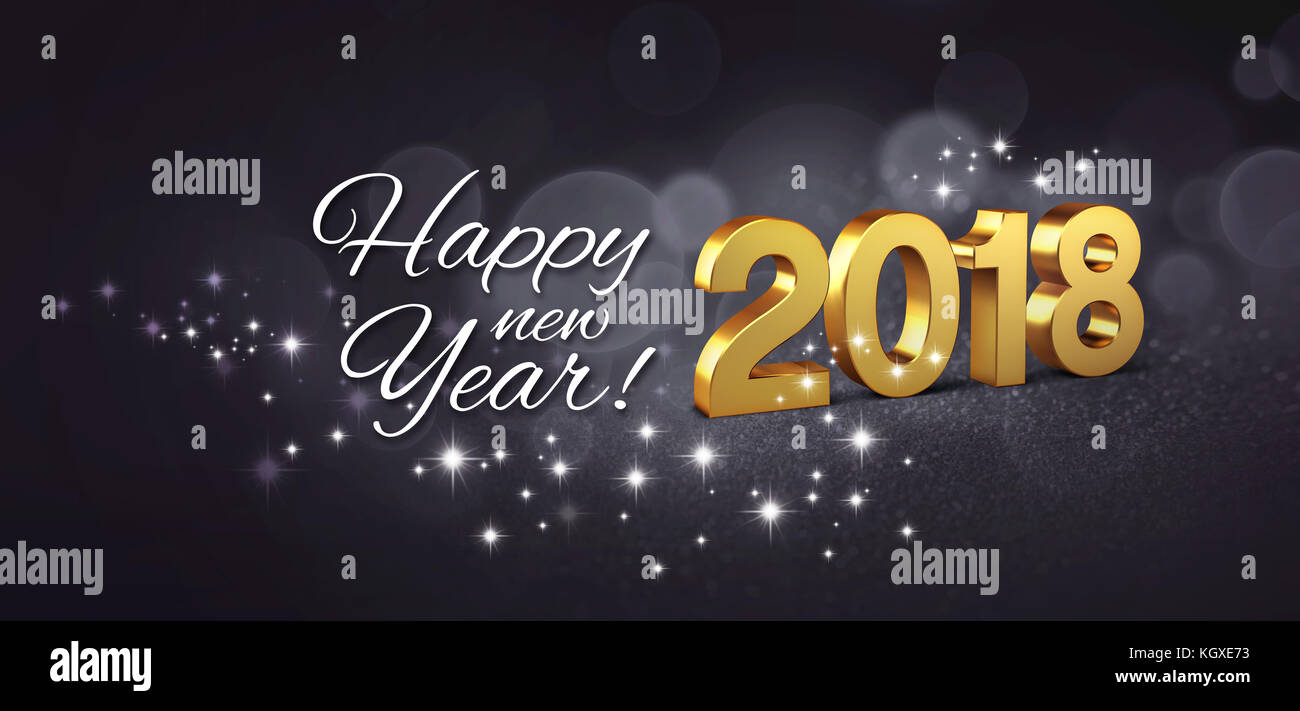 Felice anno nuovo saluti e la data 2018, color oro, su una festosa sfondo nero - 3d illustrazione Foto Stock