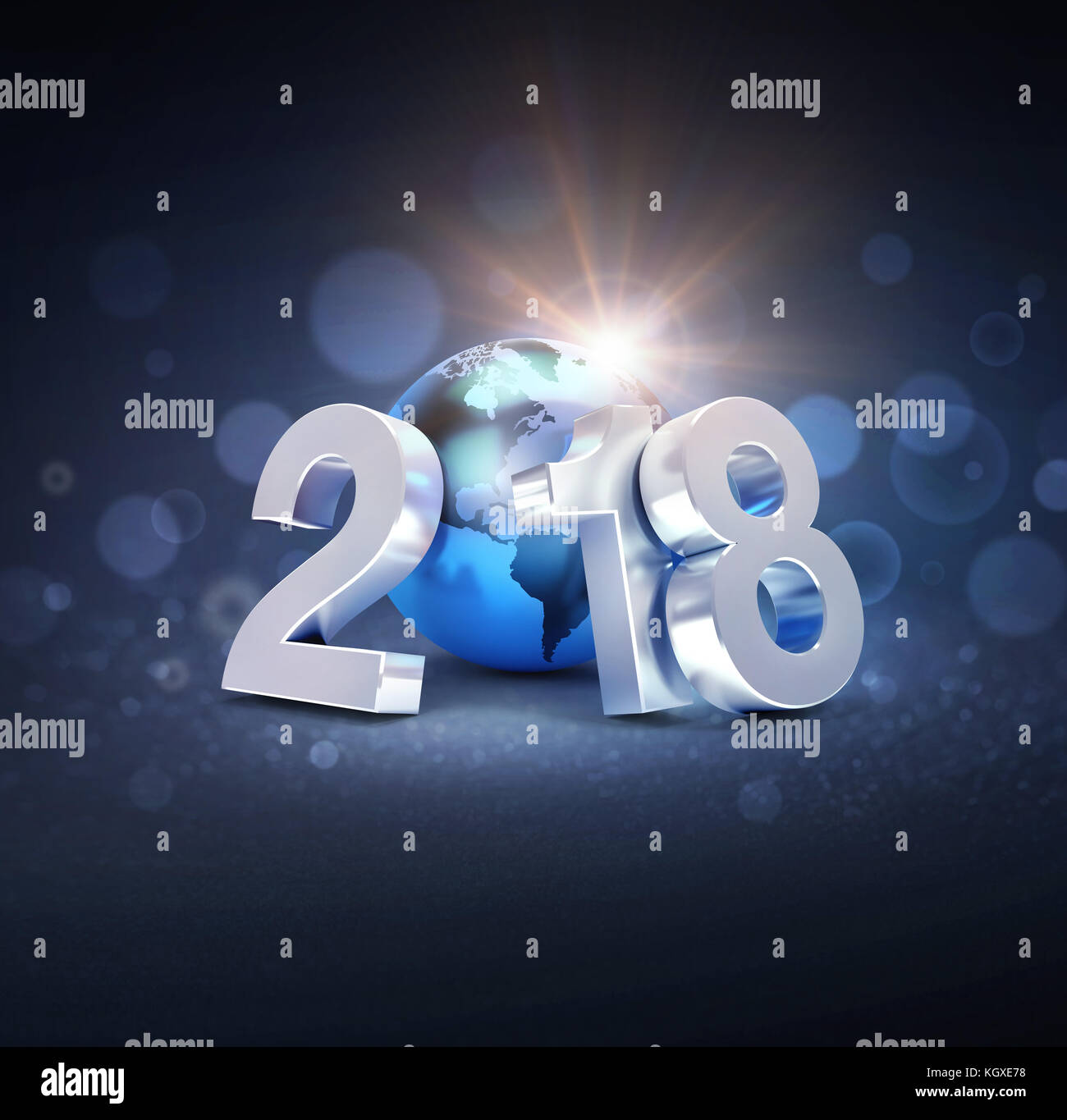 Silver Nuova data dell'anno 2018 composto con un blu del pianeta terra, su un defocalizzata sfondo nero - 3d illustrazione Foto Stock