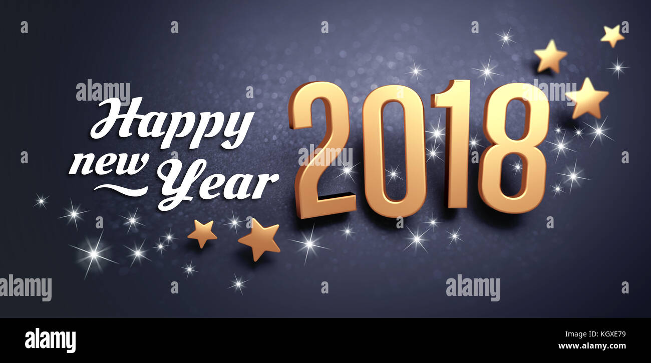 Felice anno nuovo saluti e la data 2018, color oro, su una festosa sfondo nero con brillantini e stelle - 3d illustrazione Foto Stock
