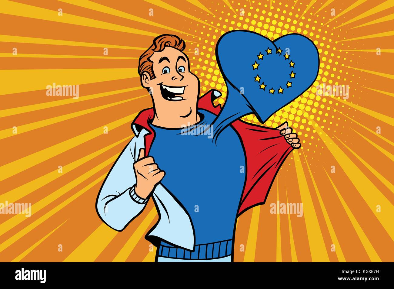 Uomo felice ventola, l'Unione europea cuore. fumetto cartone animato in stile pop art illustrazione vettore retrò Illustrazione Vettoriale
