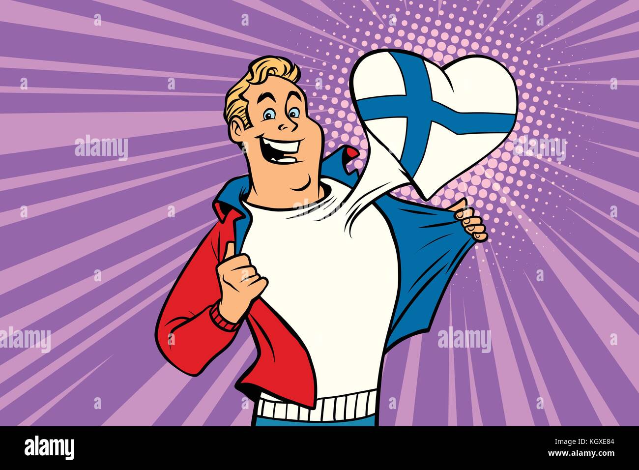 Appassionati di sport ama la Finlandia. cuore con la bandiera del paese. fumetto cartone animato in stile pop art illustrazione vettore retrò Illustrazione Vettoriale