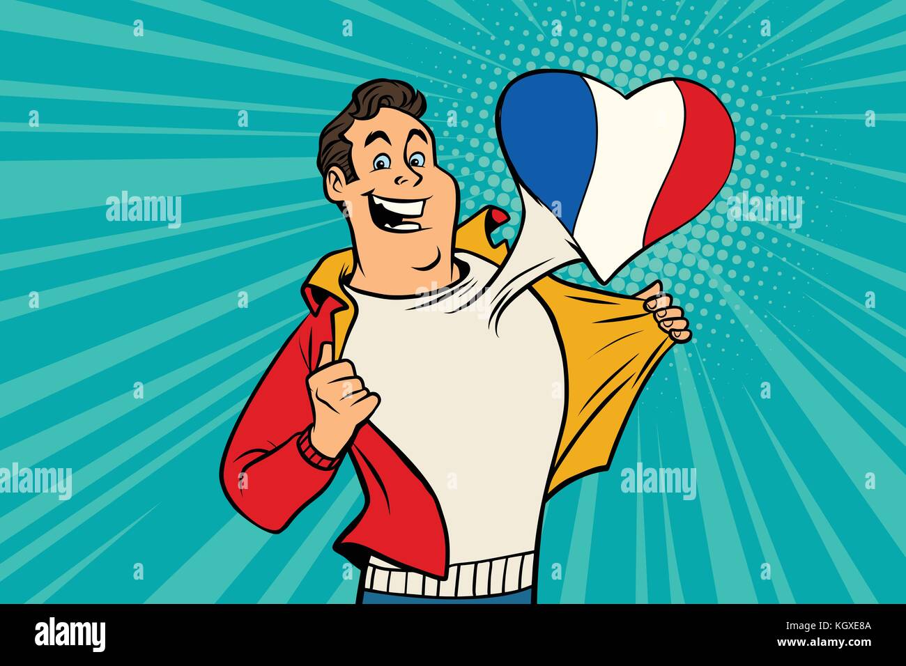 Appassionati di sport ama la Francia. cuore con la bandiera del paese. fumetto cartone animato in stile pop art illustrazione vettore retrò Illustrazione Vettoriale