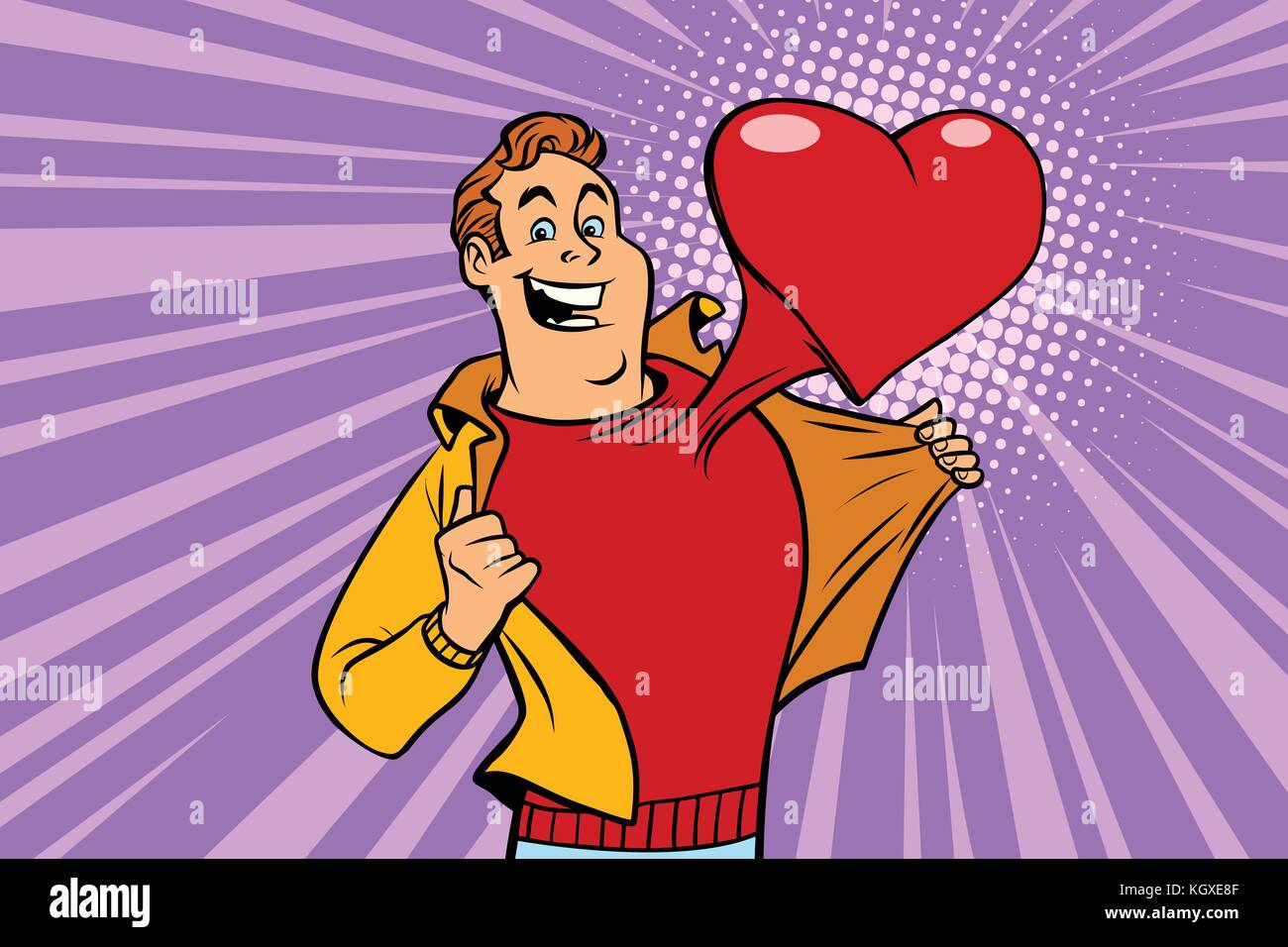 Il giorno di san valentino, Uomo in amore con un cuore rosso. fumetto cartone animato in stile pop art illustrazione vettore retrò Illustrazione Vettoriale
