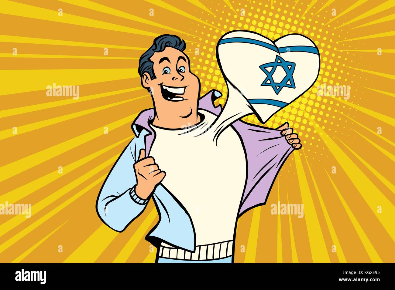 Appassionati di sport ama Israele. cuore con la bandiera del paese. fumetto cartone animato in stile pop art illustrazione vettore retrò Illustrazione Vettoriale