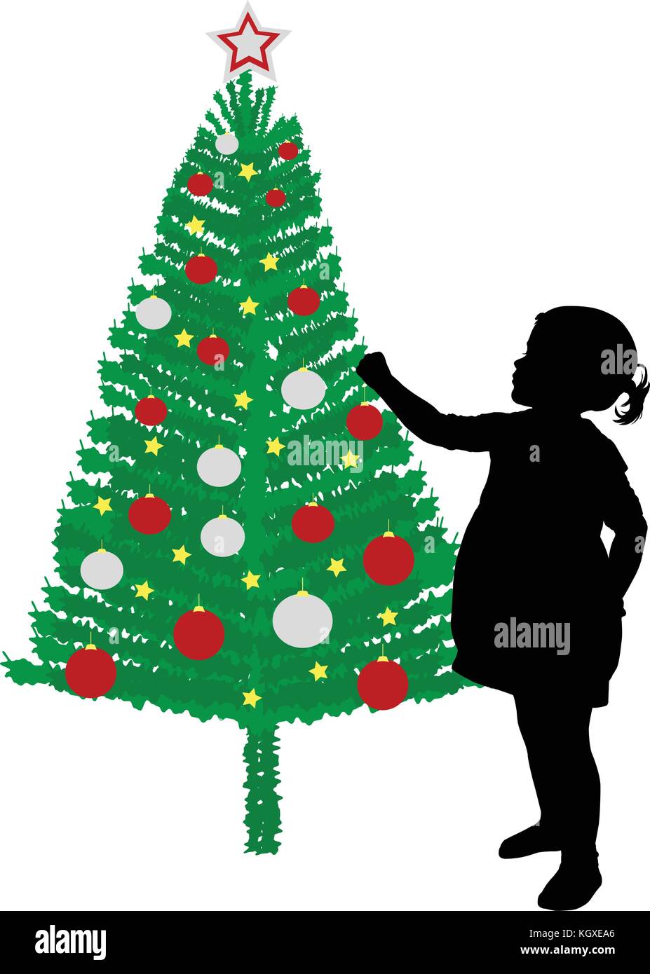 Il toddler girl mettendo decorazione su albero di natale - vettore Illustrazione Vettoriale