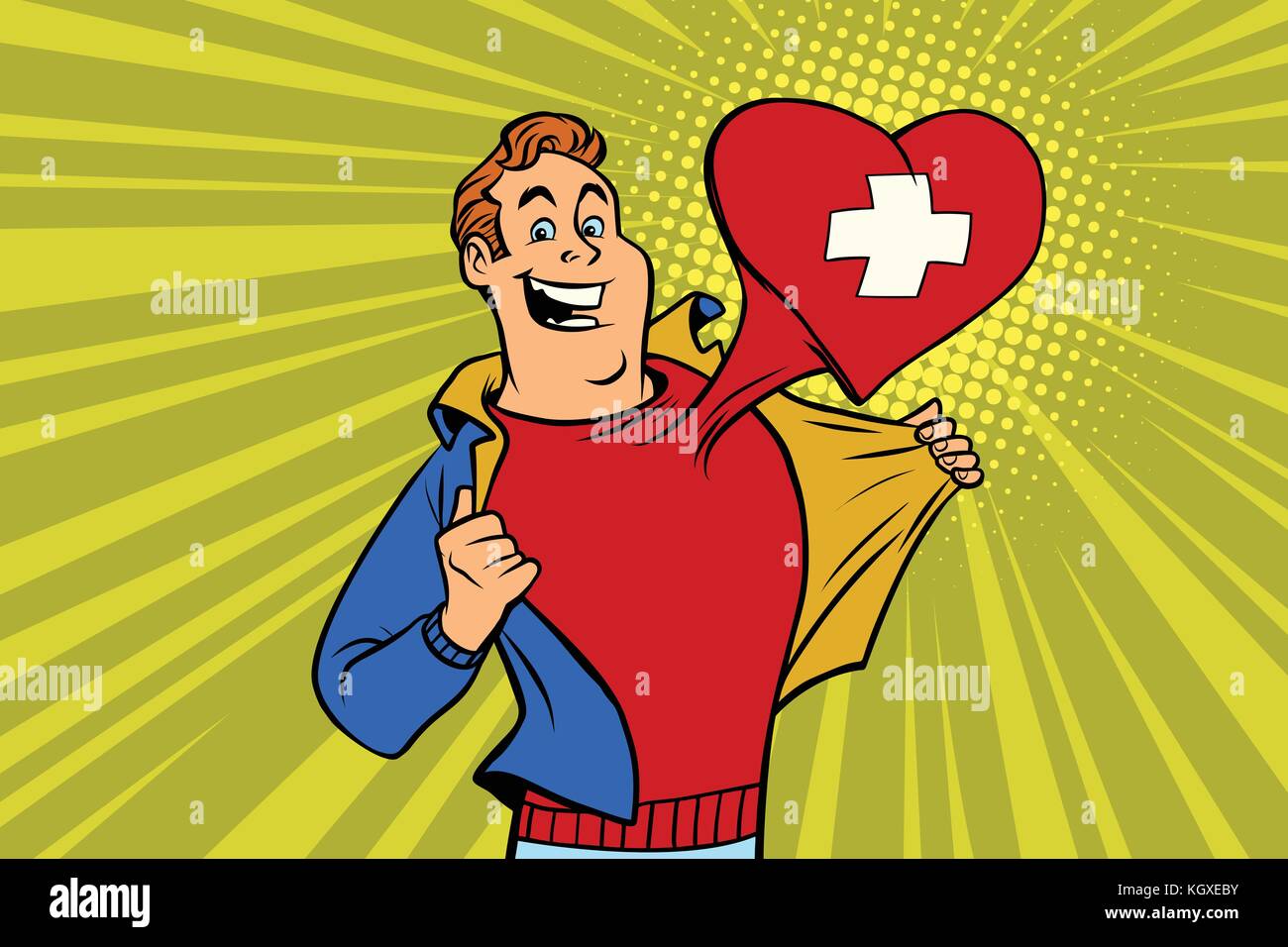 Appassionati di sport ama la Svizzera. cuore con la bandiera del paese. fumetto cartone animato in stile pop art illustrazione vettore retrò Illustrazione Vettoriale