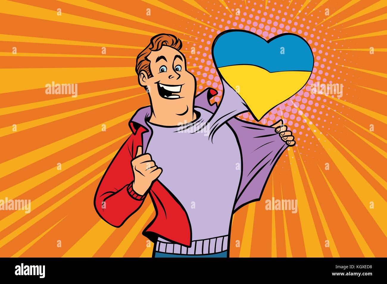 Appassionati di sport ama ucraina. cuore con la bandiera del paese. fumetto cartone animato in stile pop art illustrazione vettore retrò Illustrazione Vettoriale