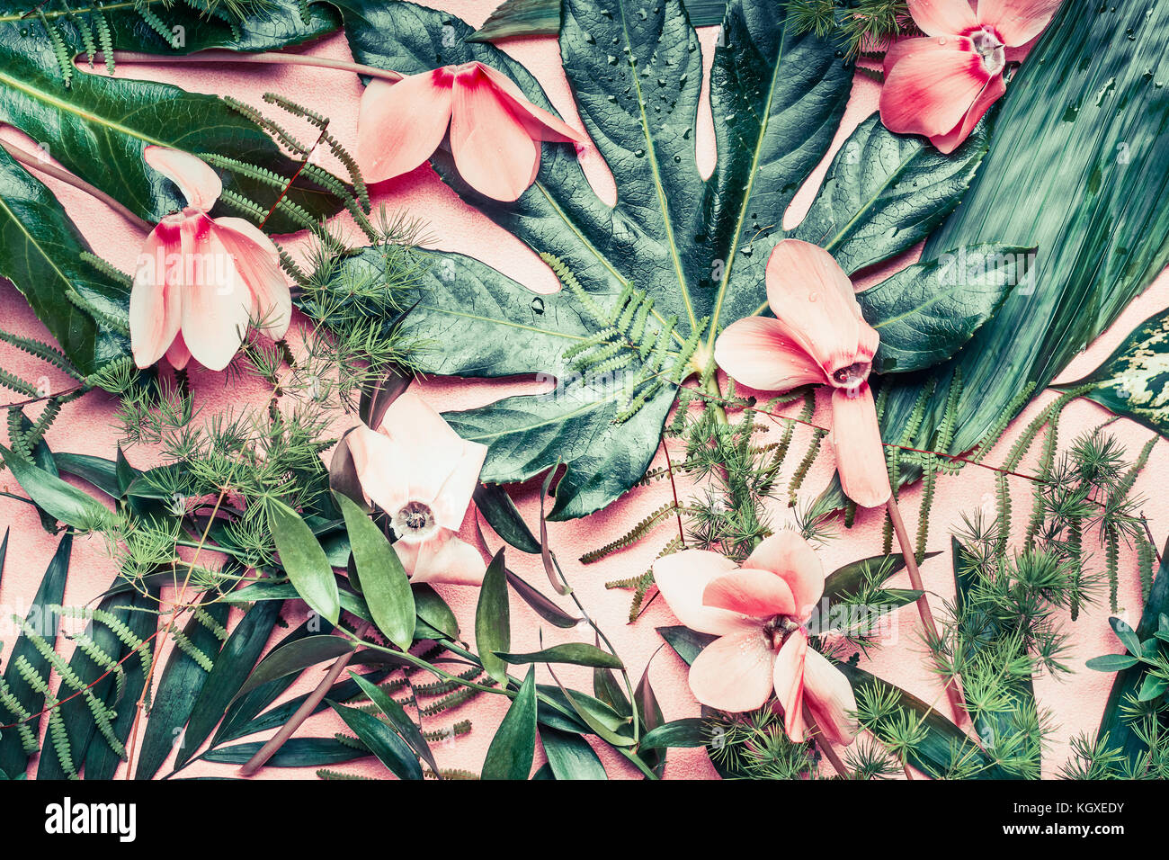 Layout creativo fatto di fiori tropicali e foglie di palmo sul rosa pastello sfondo, vista dall'alto, laici piatta Foto Stock