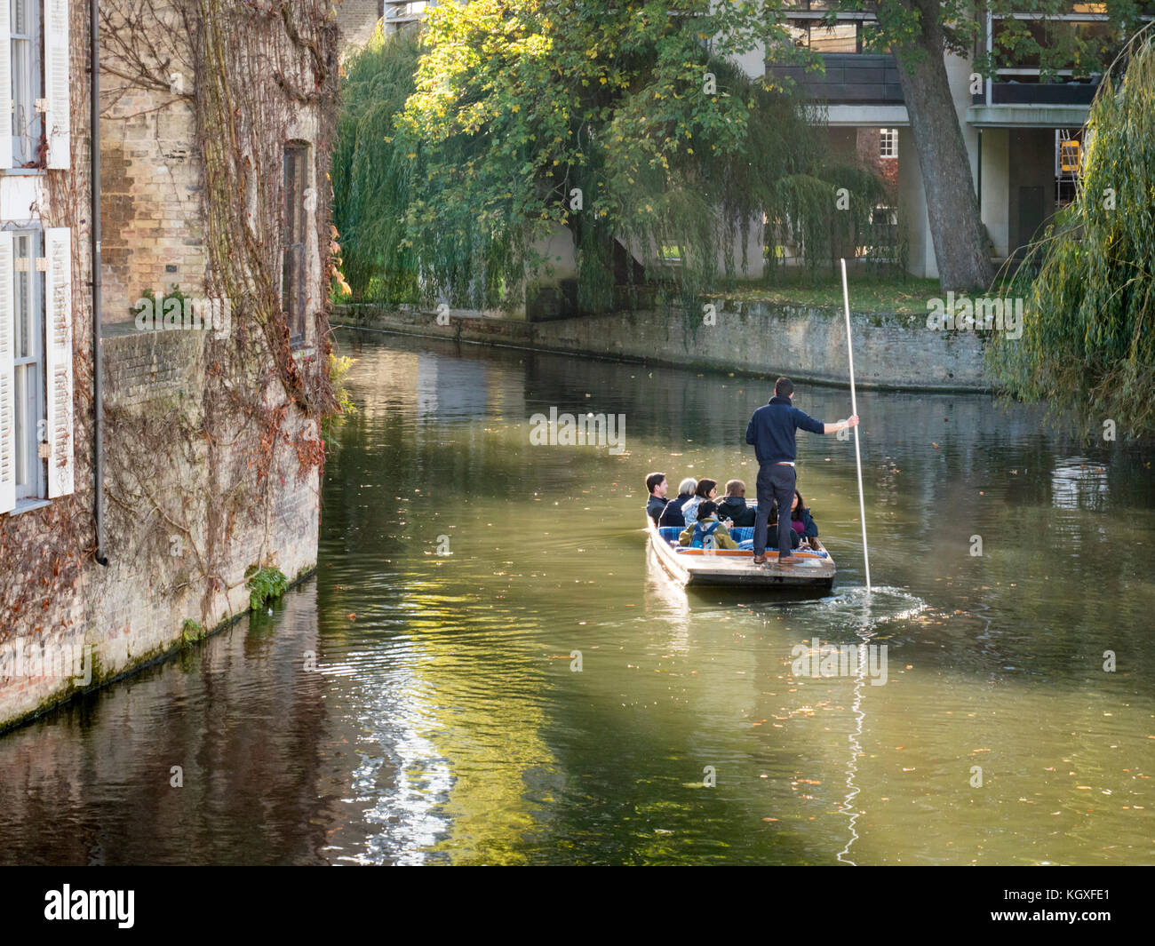 Punting a Cambridge sul fiume cam UK, un punt chauffeur porta i turisti sulle rive di un fiume viaggio Foto Stock