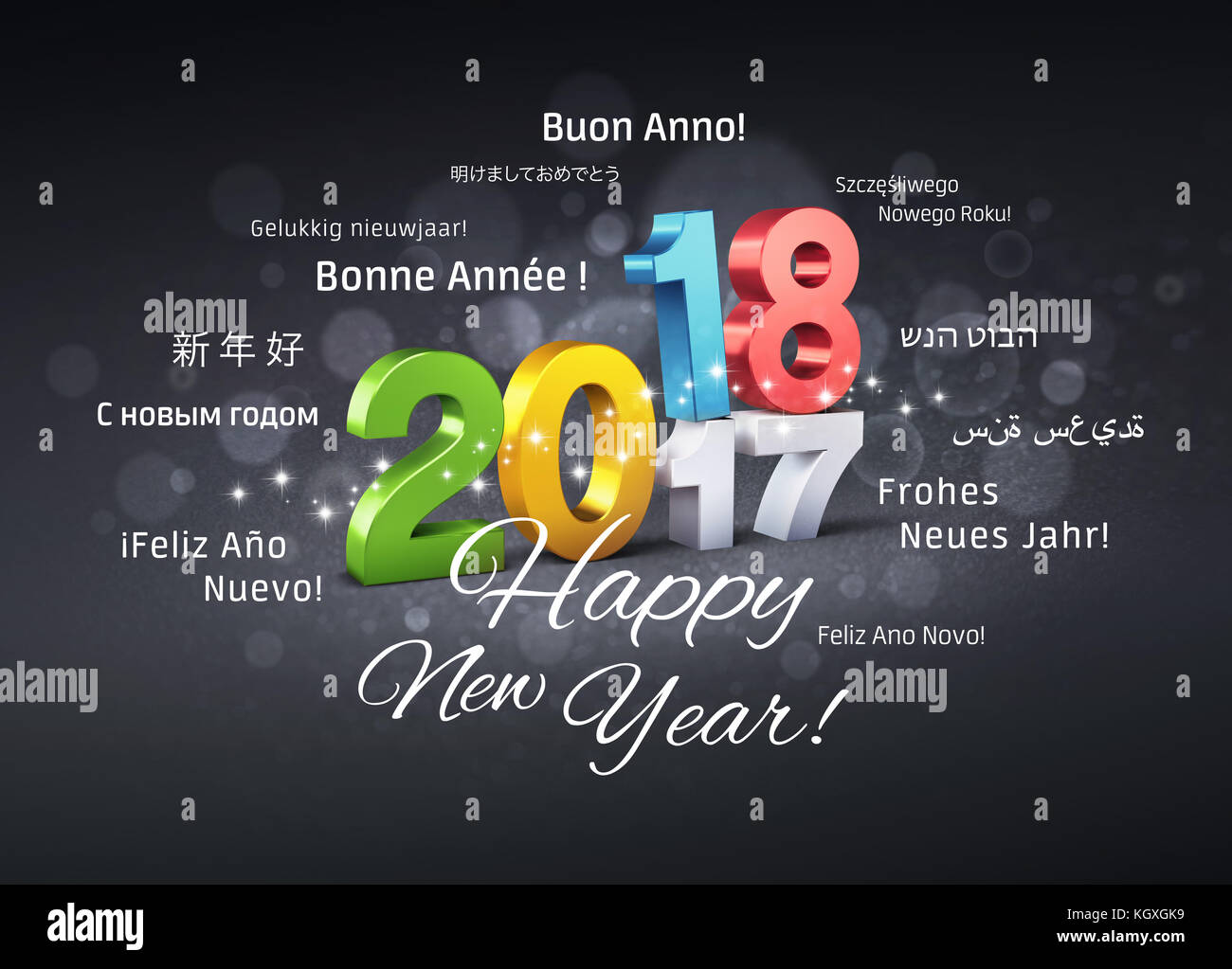 Data colorati 2018 sopra 2017 e felice anno nuovo i saluti nelle diverse lingue, su una festosa sfondo nero - 3d illustrazione Foto Stock