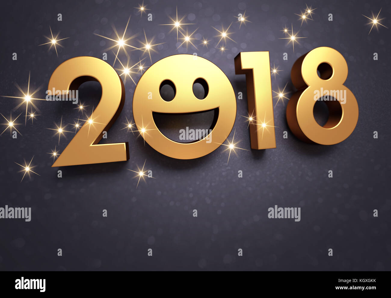 Oro nuova data dell'anno 2018, colposed con un gioioso e volto sorridente, su una scintillante sfondo nero - 3d illustrazione Foto Stock