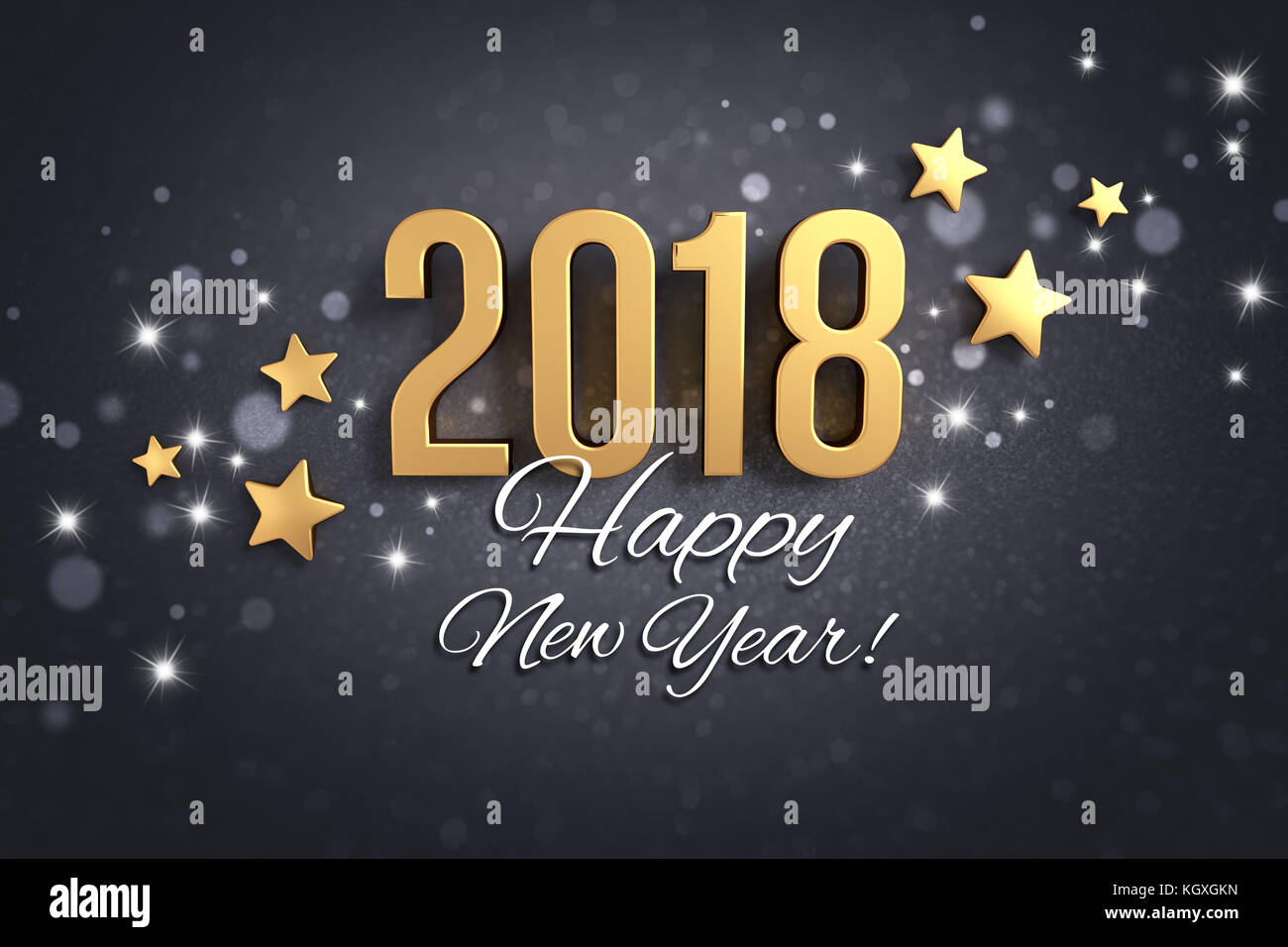 Felice anno nuovo saluti e la data 2018, color oro, su una festosa sfondo nero con brillantini e stelle - 3d illustrazione Foto Stock