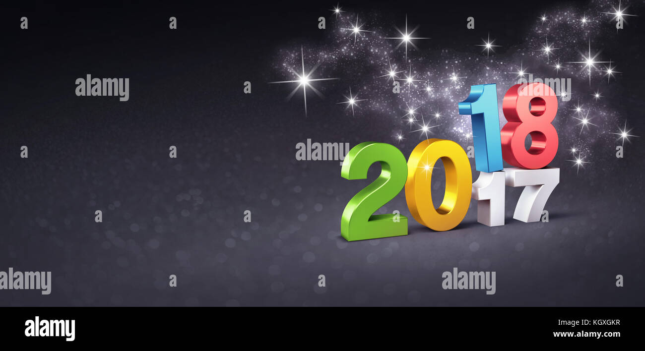 Data colorati 2018 sopra 2017 su una festosa sfondo nero con brillantini e stelle - 3d illustrazione Foto Stock