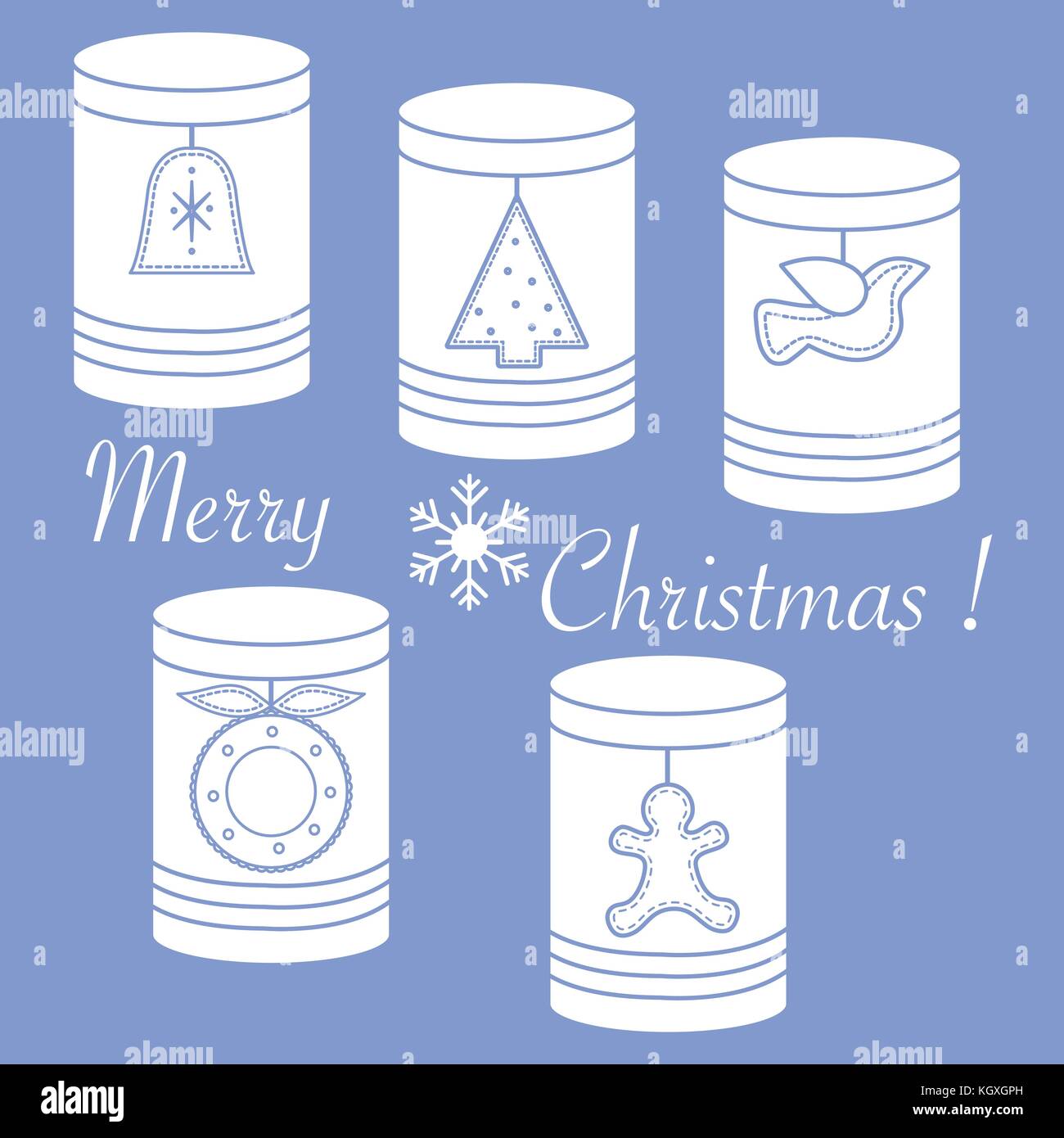 Vasi per diversi prodotti con Natale e Anno Nuovo Tag: сhristmas tree, bell, bird, сhristmas corona, gingerbread man. Illustrazione Vettoriale