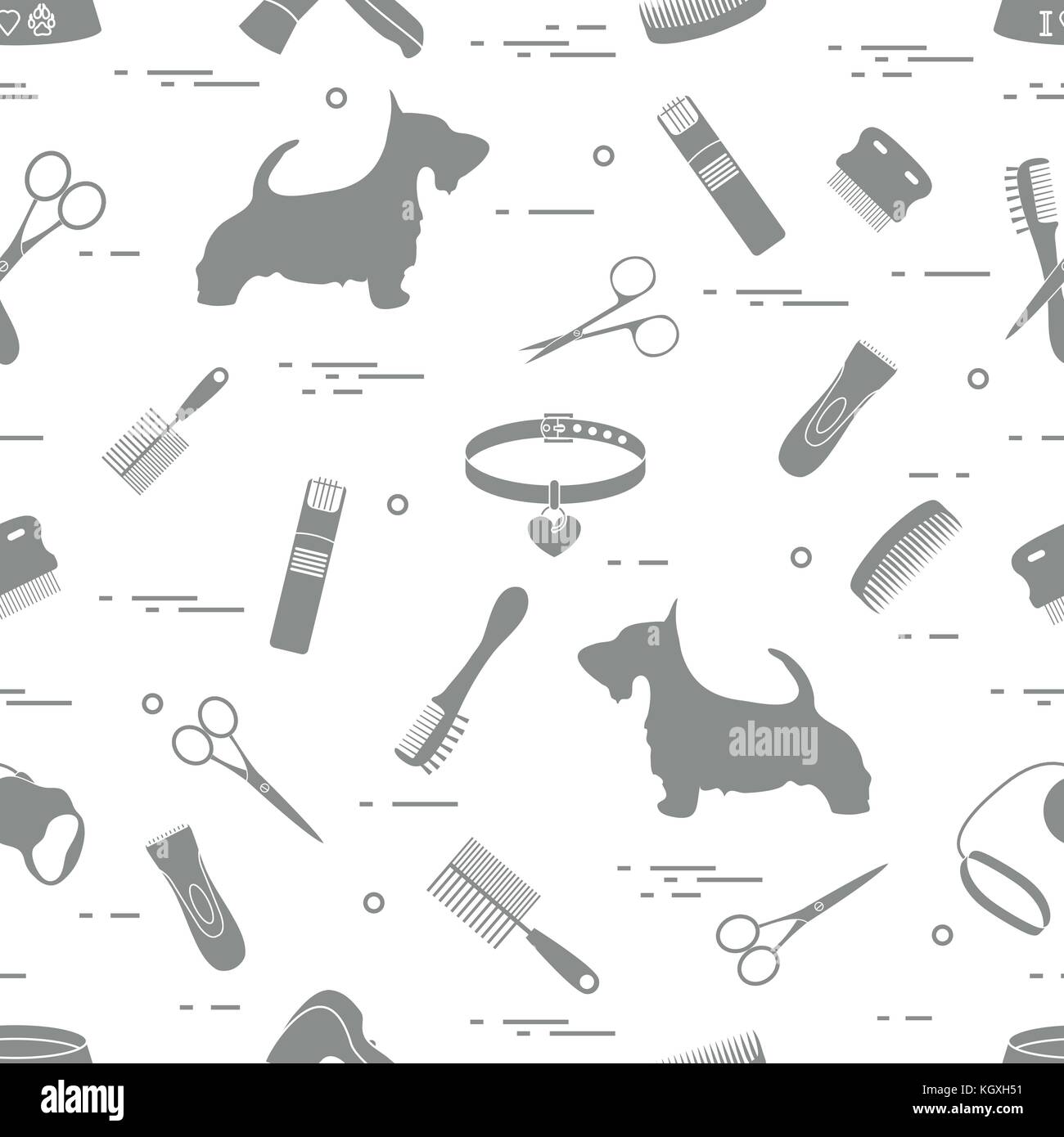Modello con il cane, pettini, collare, guinzaglio, rasoio, asciugacapelli, ciotola, forbici. health care, toelettatura, prendersi cura di un cane, mostra. Illustrazione Vettoriale