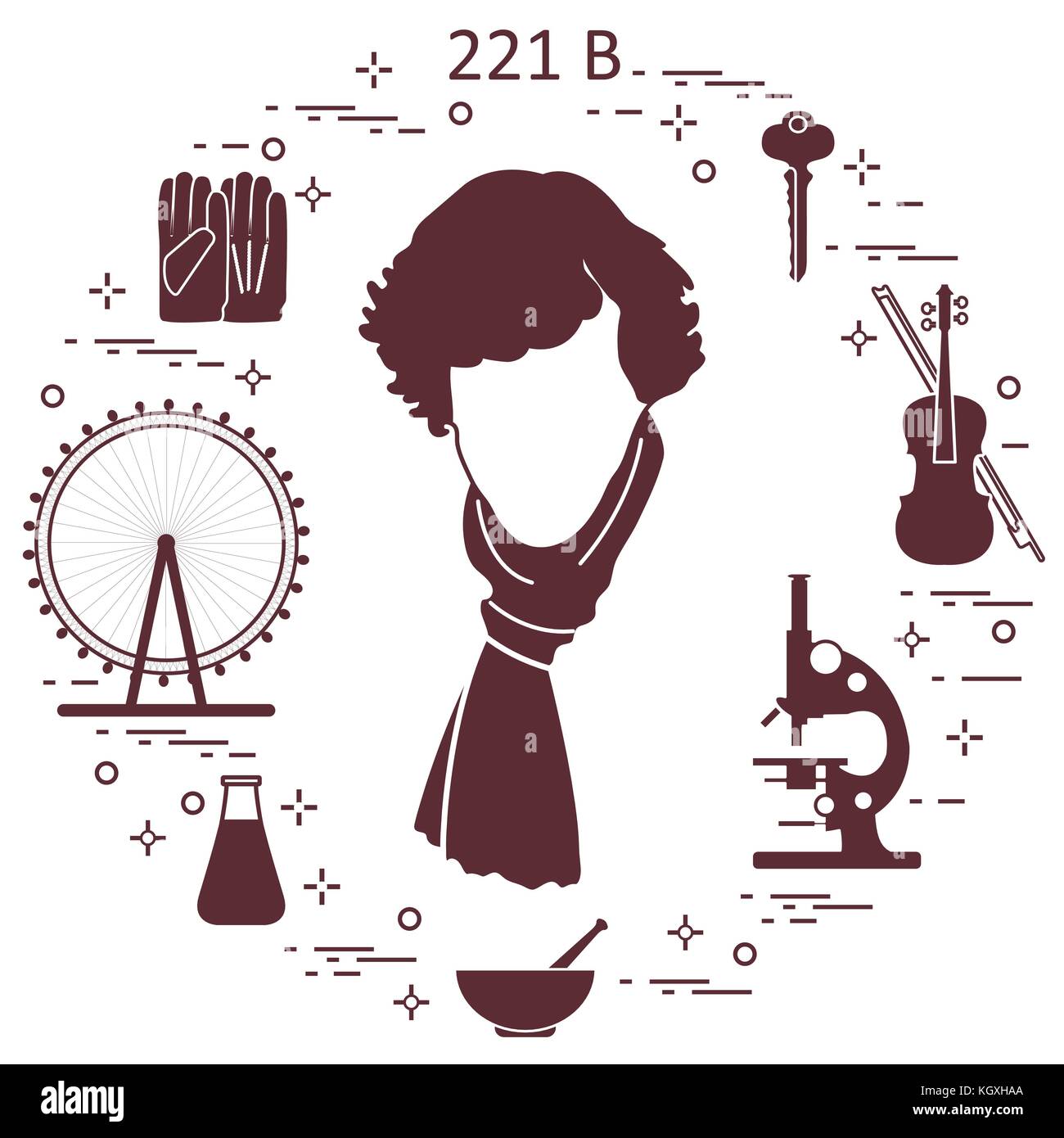 Detective privato Sherlock Holmes con una varietà di strumenti e attrezzature. l'eroe della popolare serie tv. design per un annuncio stampa. Illustrazione Vettoriale