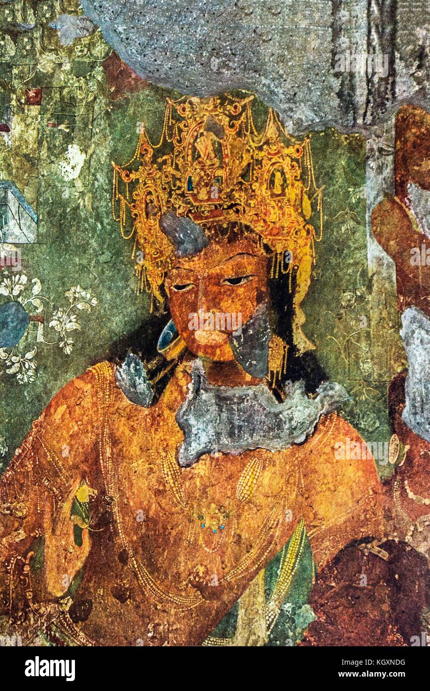 Pitture delle grotte di Ajanta, Aurangabad, Maharashtra, India, Asia Foto Stock