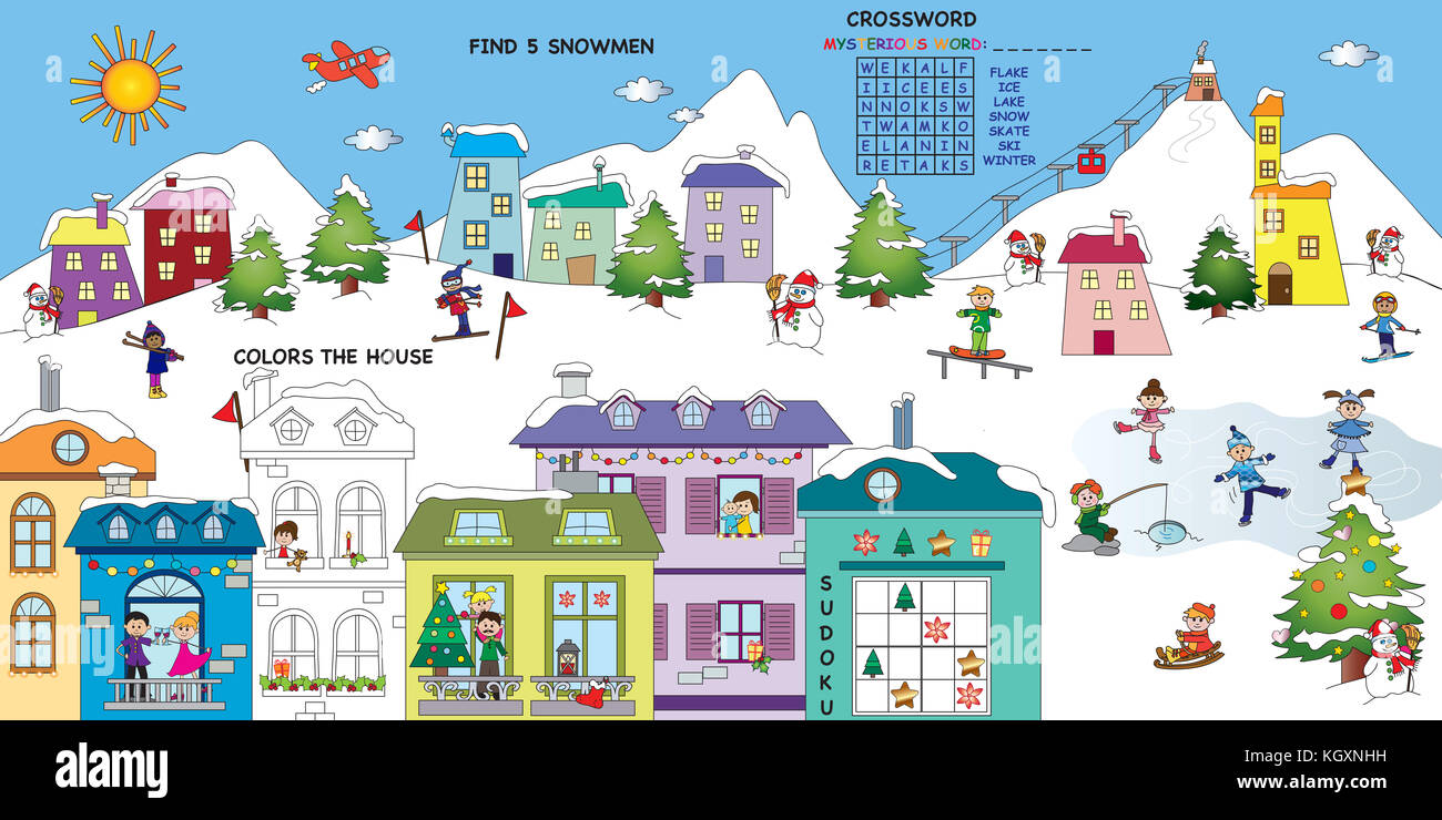 Gioco per bambini : i colori della casa, trovare i pupazzi di neve, cruciverba e sudoku Foto Stock