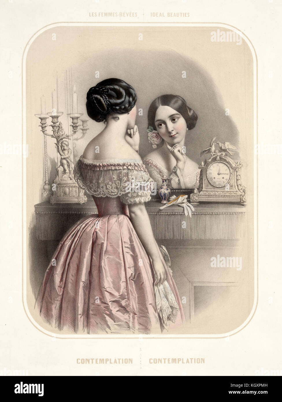 Vecchia immagine raffigurante donna che guarda a se stessa in uno specchio. Da Alophe, publ. in New York, 1851 Foto Stock