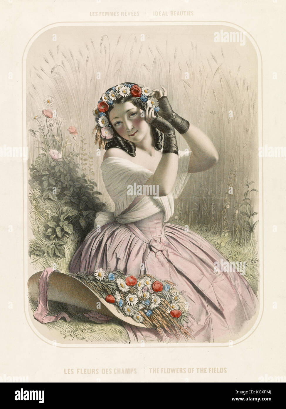 Vecchia immagine raffigurante una donna facendo una corona di fiori sul suo capo. Da Alophe, publ. in New York, 1851 Foto Stock