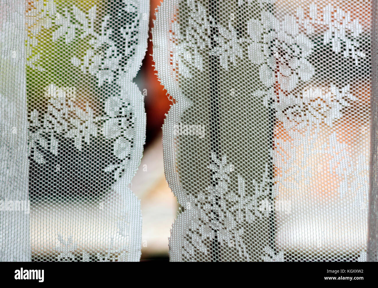 Vedere attraverso tende decorate con bianco texture floreali Foto Stock