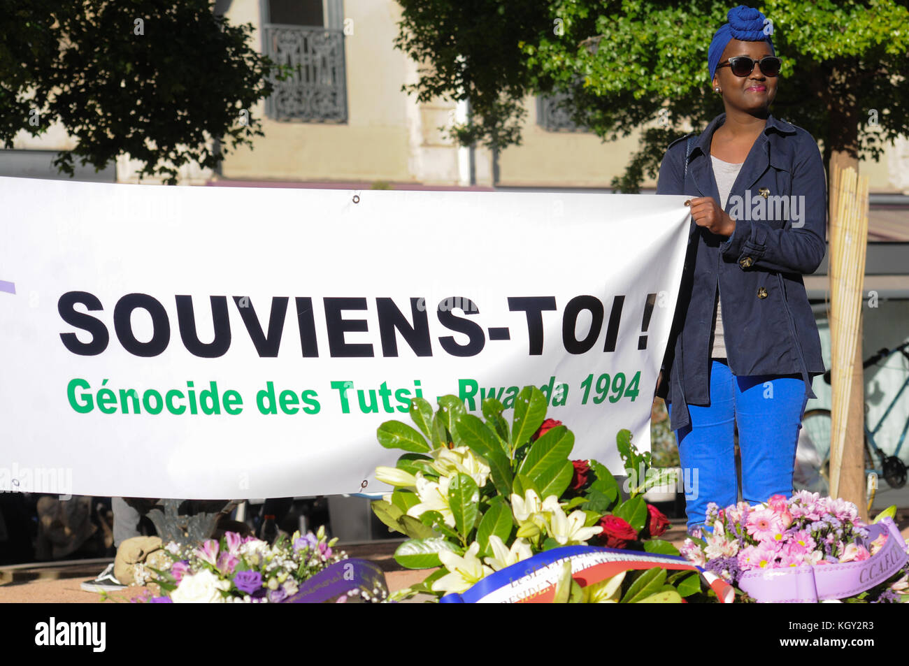Una cerimonia rende omaggio alle vittime del genocidio del Ruanda, Lione, Francia Foto Stock