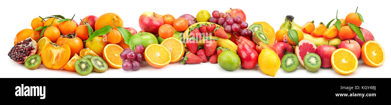 Panoramico collage di frutta fresca per skinali isolati su sfondo bianco Foto Stock