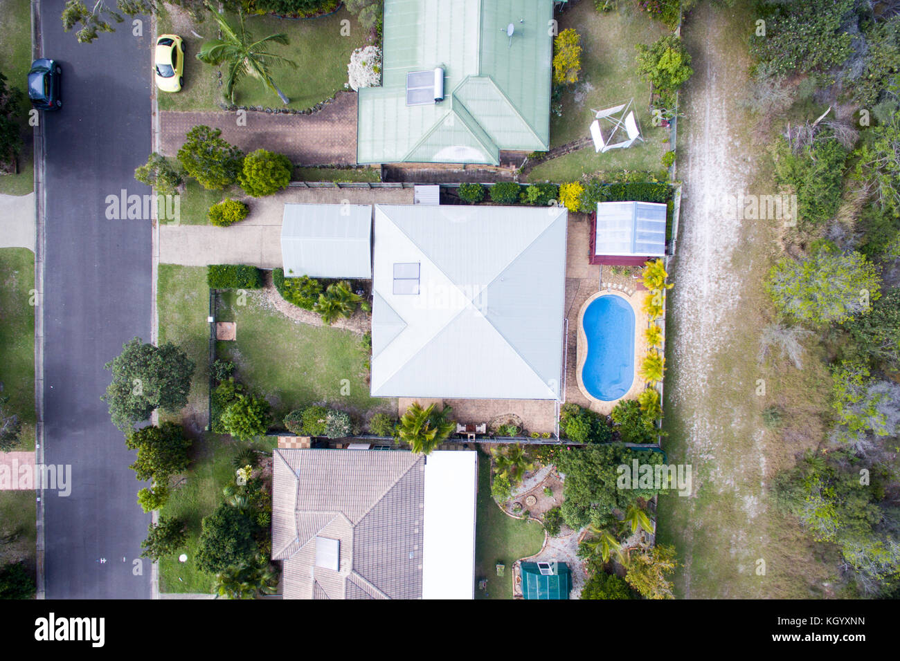 Vista aerea di un quartiere residenziale di bogangar, Nuovo Galles del Sud, Australia. Foto Stock