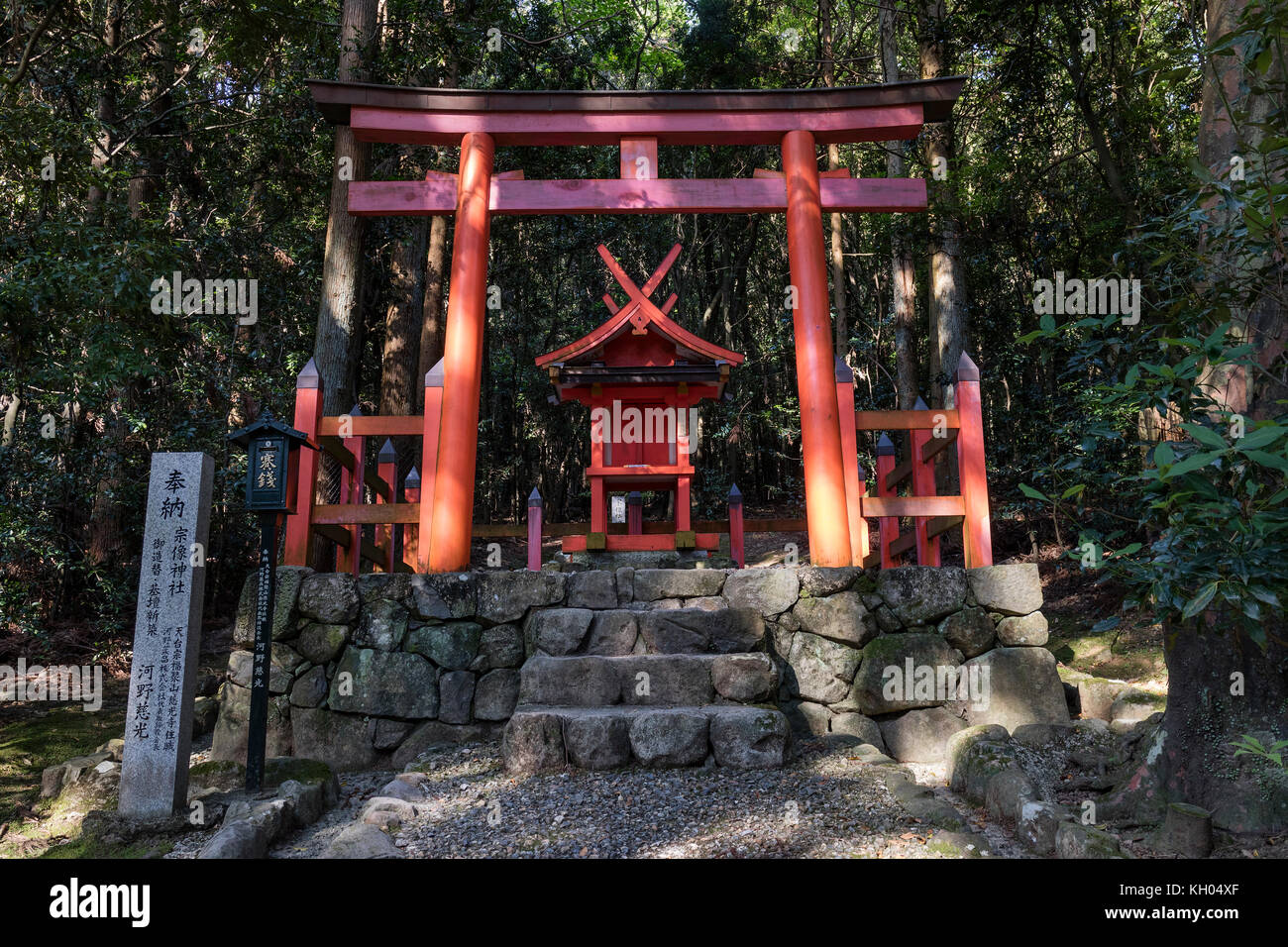 Nara - Giappone, 29 maggio 2017: Porta torii e santuario shintoista nella foresta primitiva di Kasugayama, registrato come sito patrimonio dell'umanità dell'UNESCO come parte di Foto Stock