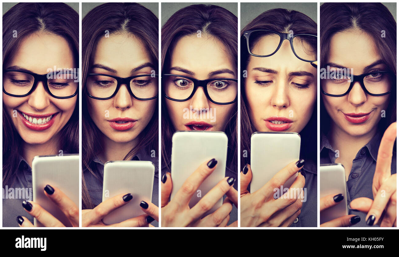 Donna che esprimono differenti emozioni utilizzando smart phone Foto Stock