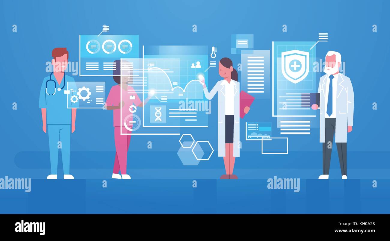 Il gruppo di medici utilizzando lo schermo digitale medicina moderna il concetto di tecnologia Illustrazione Vettoriale
