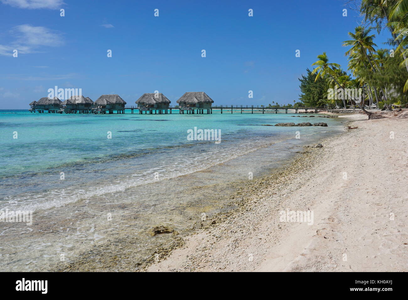 Mare tropicale shore con bungalows sull'acqua nella laguna di Tikehau Atoll, tuamotus, Polinesia francese, oceano pacifico del sud Foto Stock