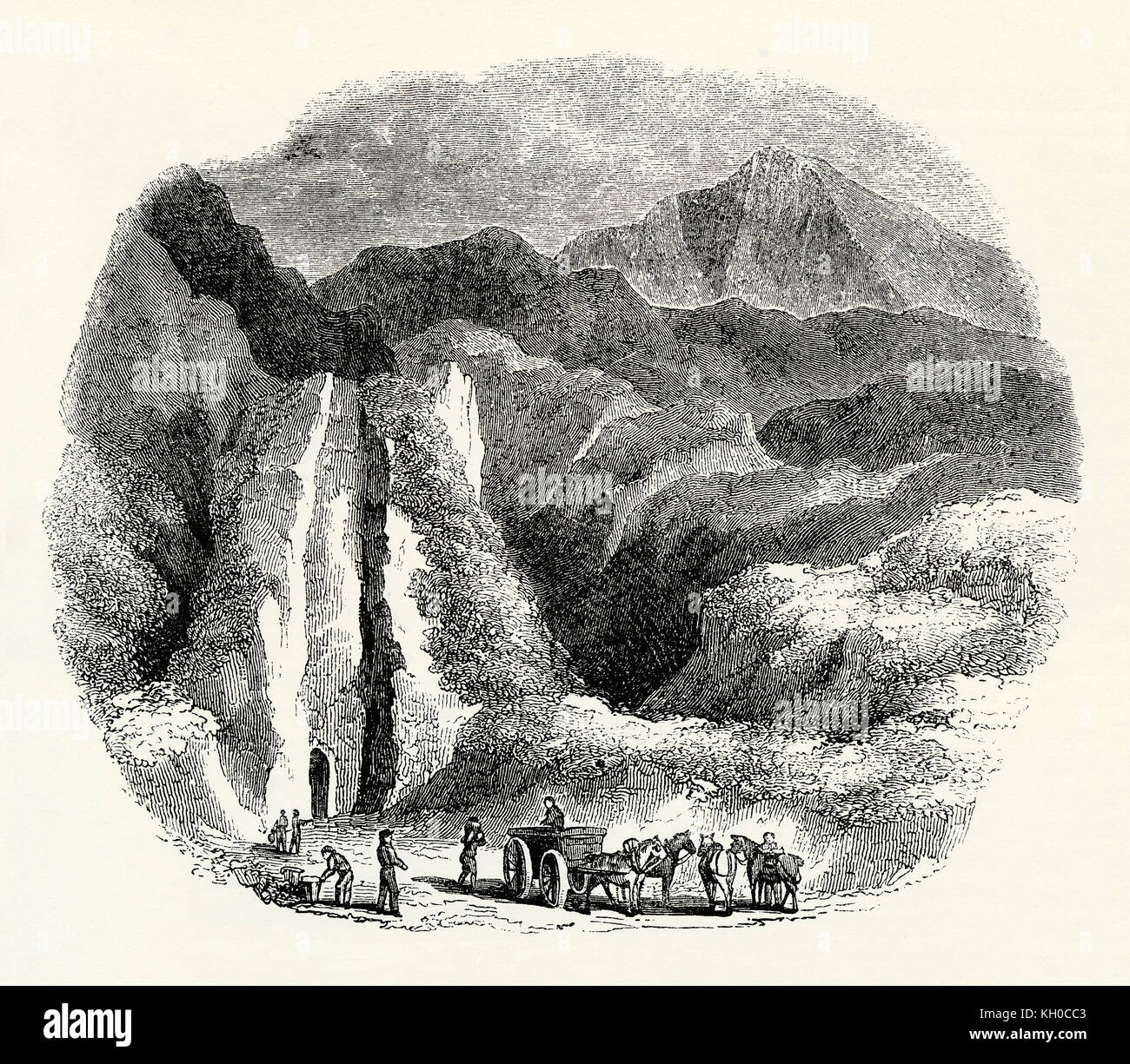 Una vecchia incisione di un inizio di miniera di piombo in Gran Bretagna. Questa illustrazione mostra che, dove la miniera era sul pendio di una collina, il cuscinetto di derivazione minerale (o vena) spesso potrebbe essere raggiunto tramite un tunnel comandato in pendenza. Dal XVII secolo di piombo è stata secondo in importanza nel Regno Unito dell'economia solo di lana. Era essenziale per tetti, vetri di finestra di barre e munizioni. Dal XVII secolo, tuttavia, la maggior parte delle superficie piombo era stato esaurito. I minatori ricerca per il metallo al di sotto della superficie in piombo noto aree ricche di come il Peak District, Yorkshire e il Galles del Nord. Foto Stock