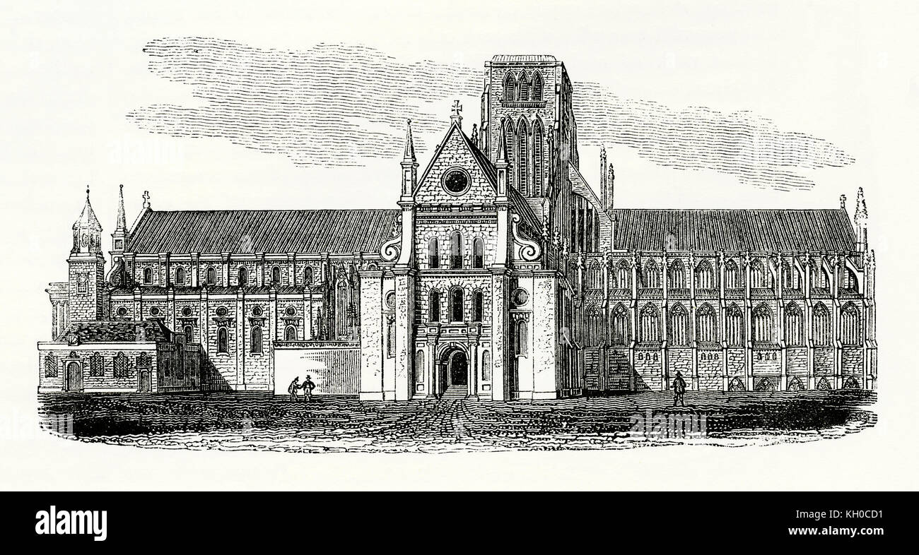 Antica incisione che mostra la prima cattedrale di St Paul c. 1600. San Paolo è stata la cattedrale medievale della città di Londra che, fino al 1666, sorgeva sul sito dell'attuale cattedrale. Costruito dal 1087 al 1314, aveva una delle più alte guglie. Nel 1561 la guglia aveva preso fuoco e cadde attraverso il tetto della navata centrale - non è mai stata sostituita (come questa illustrazione mostra) Foto Stock