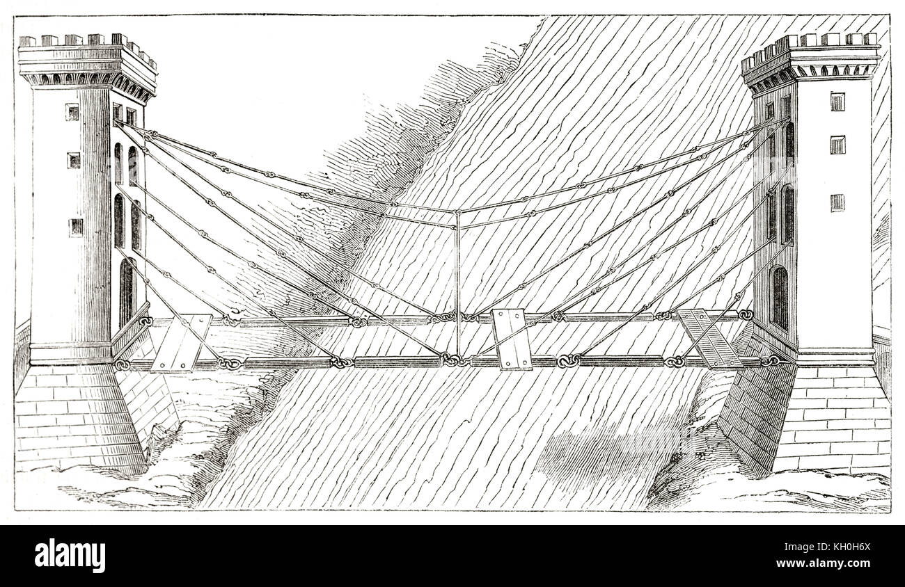 Vecchia illustrazione della catena di ferro ponte di sospensione. Dopo Wranczi, publ. su Magasin pittoresco, Parigi, 1847 Foto Stock