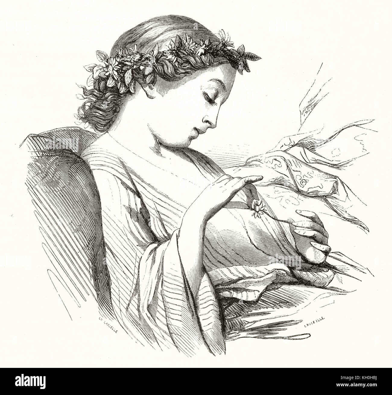 Riproduzione di un disegno da Landelle, intitolato "La Marguerite" (Daisy). Publ. su Magasin pittoresco, Parigi, 1847 Foto Stock