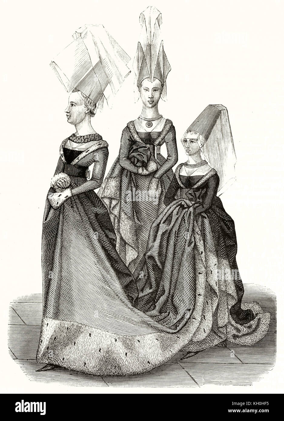 Vecchia illustrazione della principessa e le donne in età di Carlo VII. Dopo il torneo Libro di René d'Anjou, publ. su Magasin pittoresco, Parigi, 1847 Foto Stock