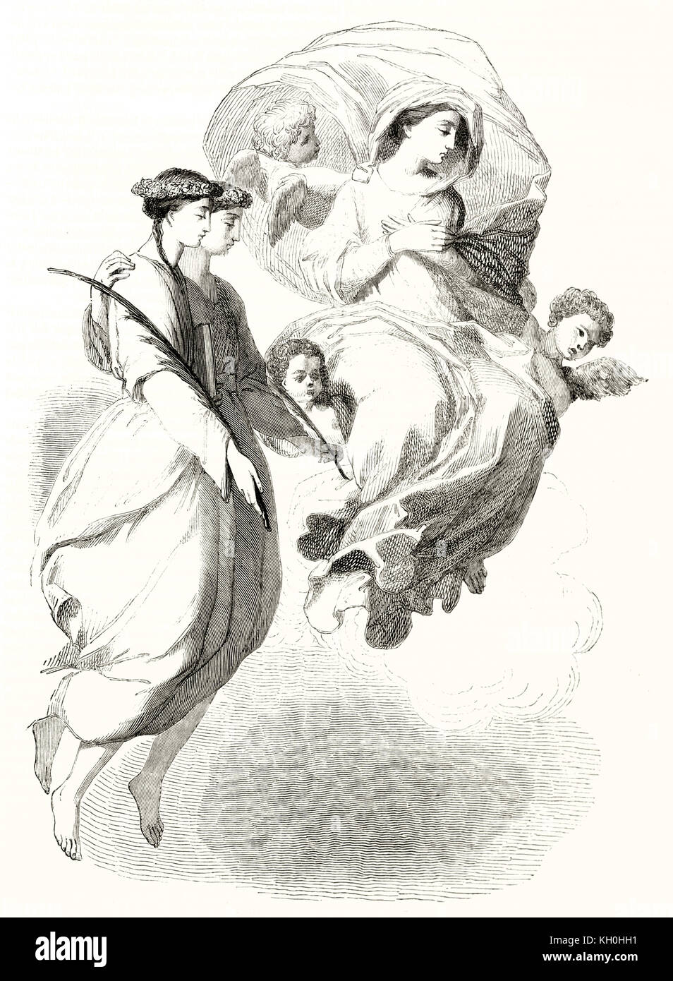 Reprocuction di un dipinto da Le Seur raffiguranti San Scholastique apparizione (dettaglio). Publ. su Magasin pittoresco, Parigi, 1847 Foto Stock