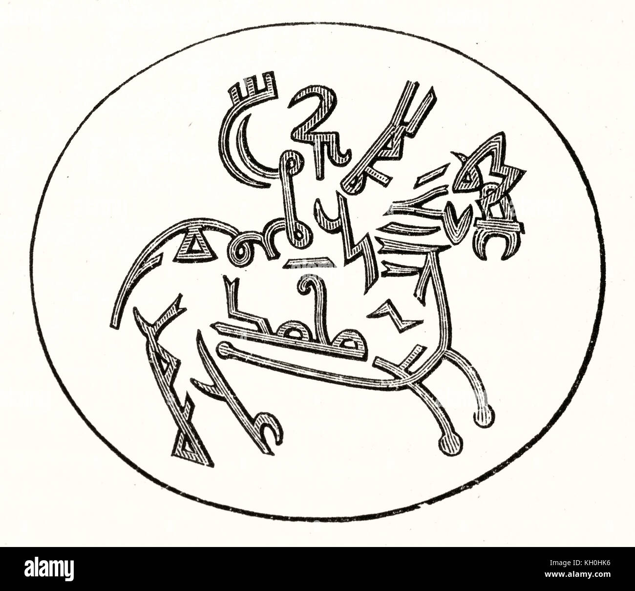 Vecchia riproduzione inciso di arabi talismano che raffigura il profeta Maometto in sella cavallo alato Buraq. Publ. su Magasin pittoresco, Parigi, 1847 Foto Stock