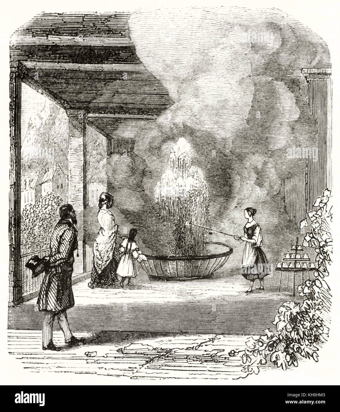 Vecchia illustrazione di acqua termale a getto, Boemia, Repubblica Ceca. Da autore non identificato, publ. su Magasin pittoresco, Parigi, 1847 Foto Stock