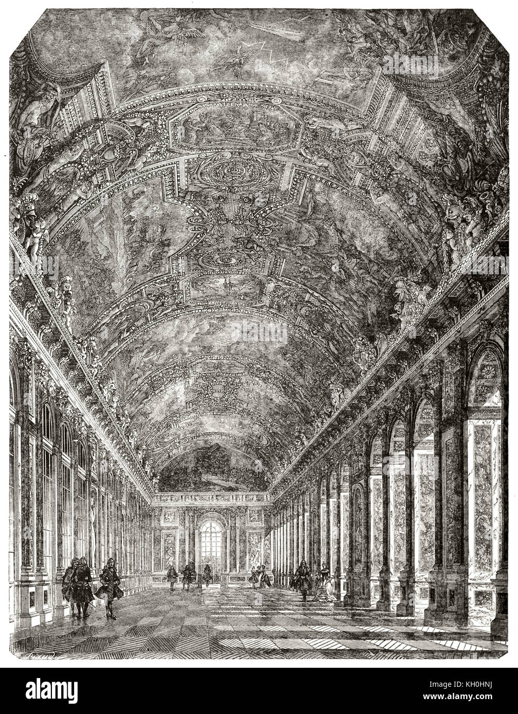 Vecchio vista della Sala degli Specchi del Palazzo di Versailles, Francia. Da Desmaresi e Piaud, publ. su Magasin pittoresco, Parigi, 1847 Foto Stock