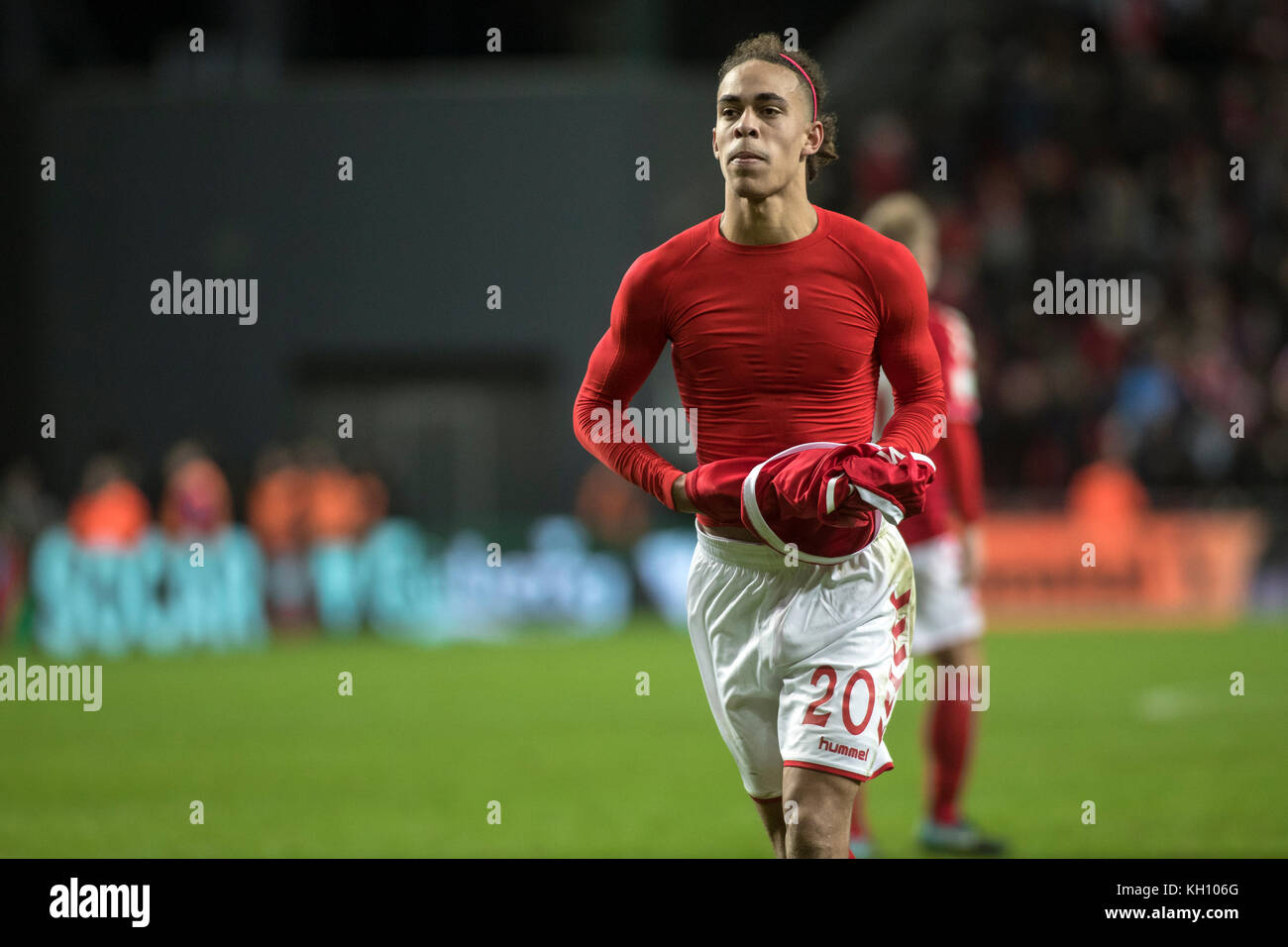 Danimarca, Copenaghen - 11 novembre 2017. Yussuf Poulsen di Danimarca visto dopo la partita di playoff della Coppa del mondo tra Danimarca e Irlanda a Telia Parken di Copenaghen. Foto Stock