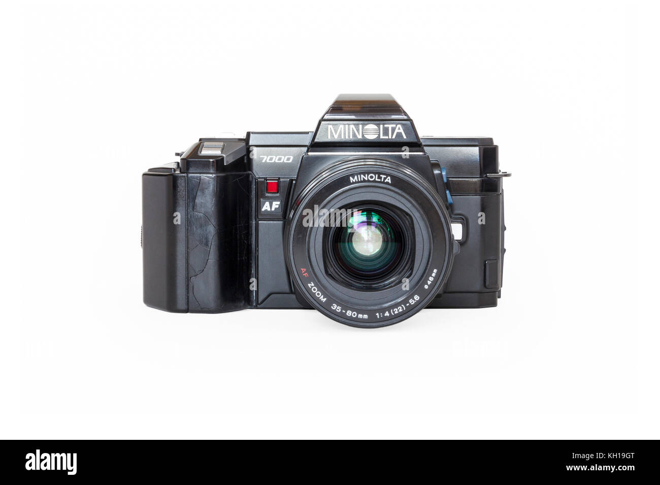 Anni ottanta Minolta MAXXUM automatico 7000 35mm di pellicola in rotolo fotocamera reflex, 35-80mm lente di zoom, isolata contro uno sfondo bianco Foto Stock