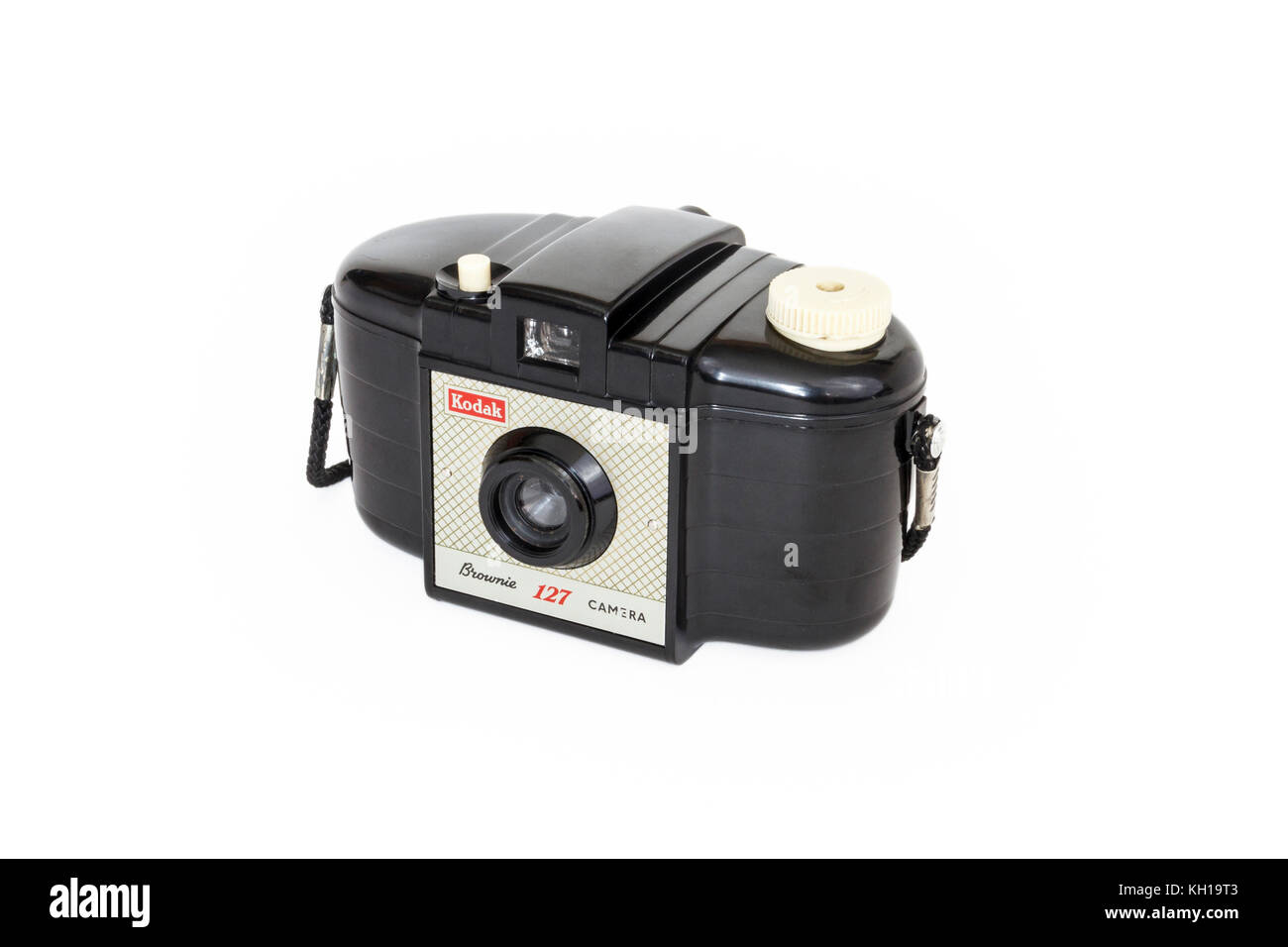 Classico 1950 Kodak Brownie 127 pellicola in rotolo, telecamera isolata contro uno sfondo bianco Foto Stock