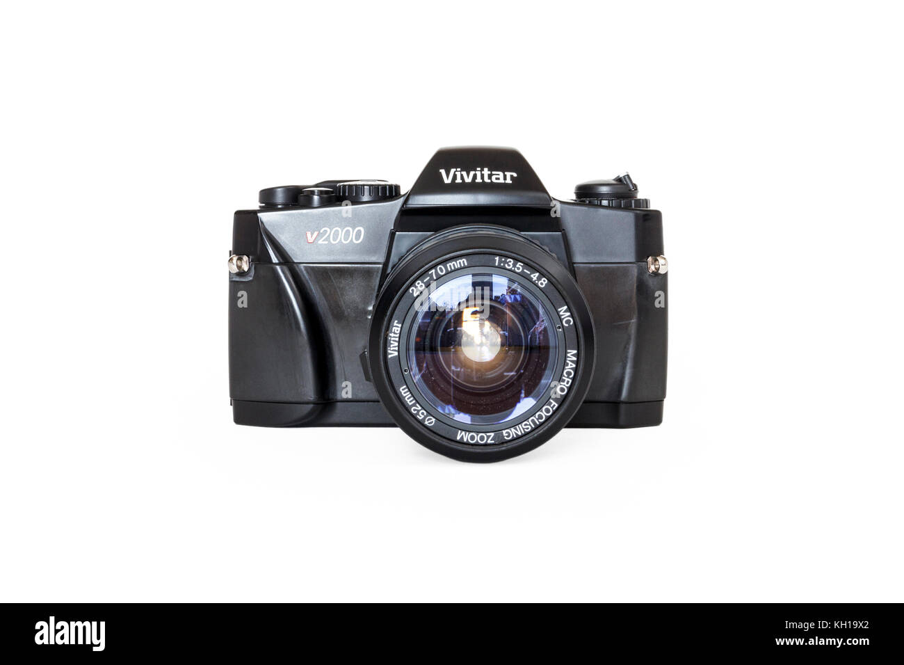 Vivitar V2000 SLR 35mm di pellicola in rotolo, fotocamera 28-70mm lente di zoom, degli anni ottanta, isolata contro uno sfondo bianco Foto Stock
