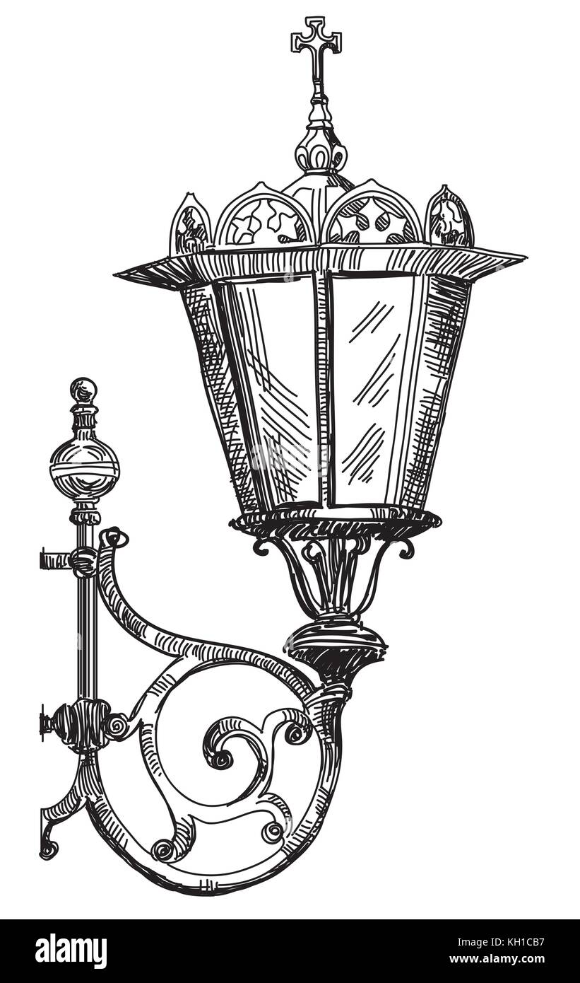 Disegno a mano illustrazione isolato della vecchia strada lampada ( vicino a Cattedrale di Cristo Salvatore di Mosca) in colore nero su sfondo bianco Illustrazione Vettoriale